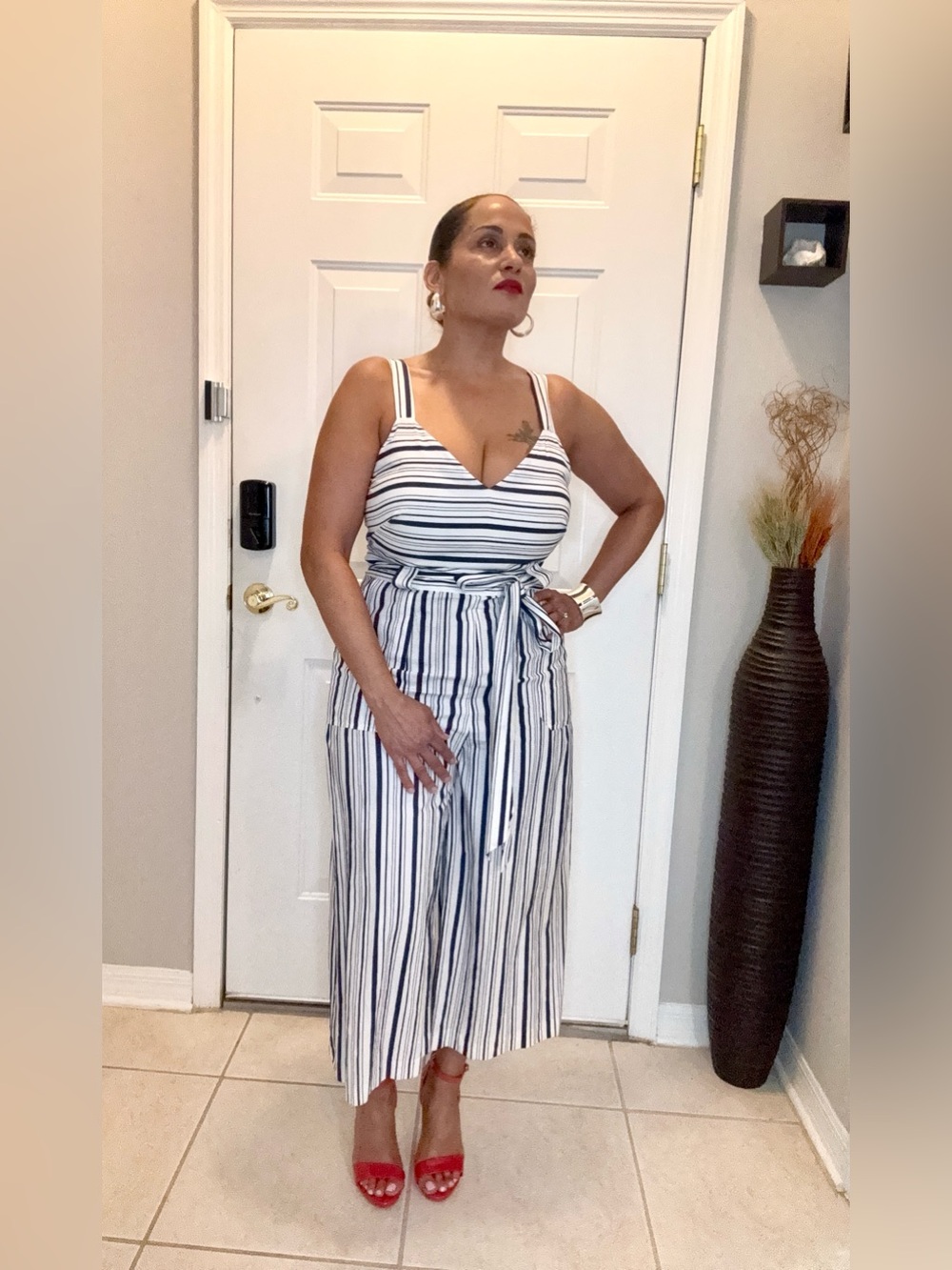Striped White & Navy Sleeveless Jumpsuit with Tie Waist
